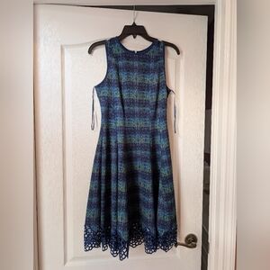 Elegant Blue, Yellow and Green Sleeveless Dress.